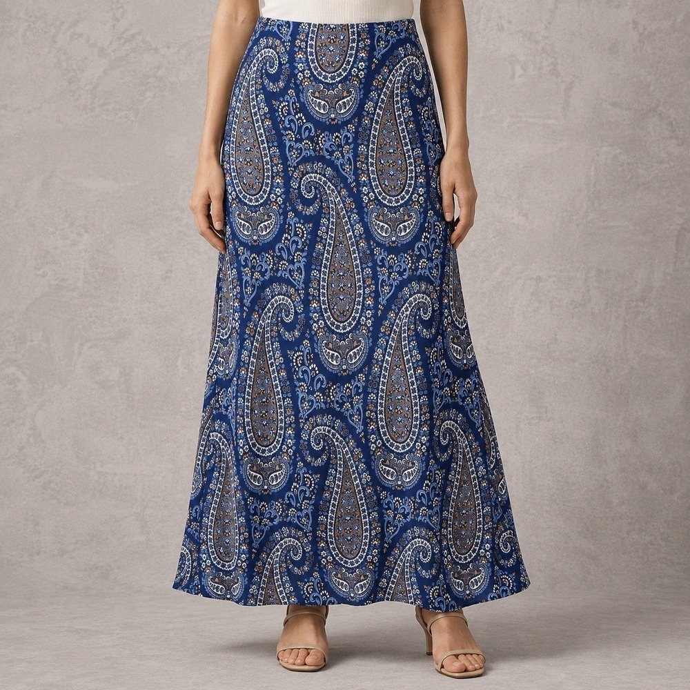 J.McLaughlin Adelyn Maxi Skirt Womens 4 Navy Paisley Splendors Bias Silk Blend